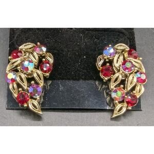 Lisner Red Aurora Borealis Rhinestone Gold Tone Vintage Clip-on Earrings